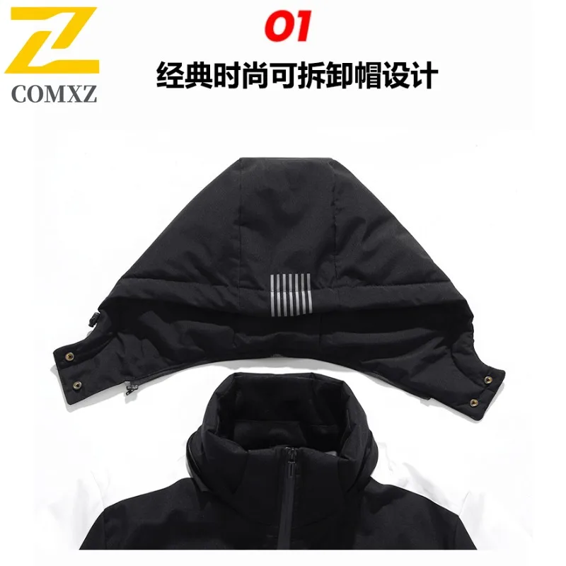 COMXZ Classic Men Down Jacket Splicing Hooded Outdoor Adventure Thickened Warm Parka Fashion Streetwear Style Autumn Winter Coat