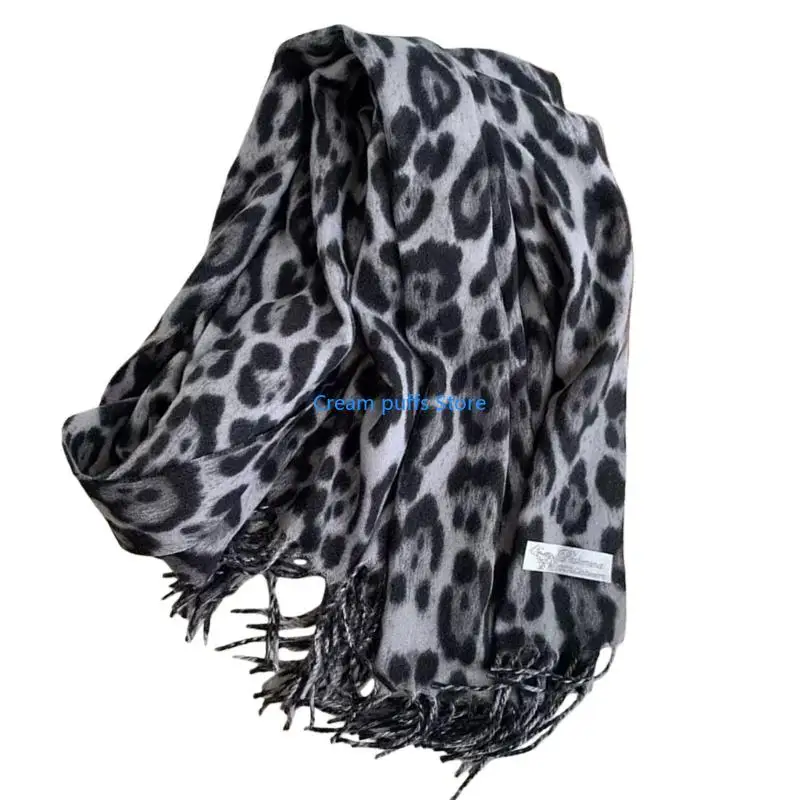 50LE Winter Scarf Shawl Women's Fashion Leopard Design Fringe Detailing Warm Cozy Luxurious Soft Wrap