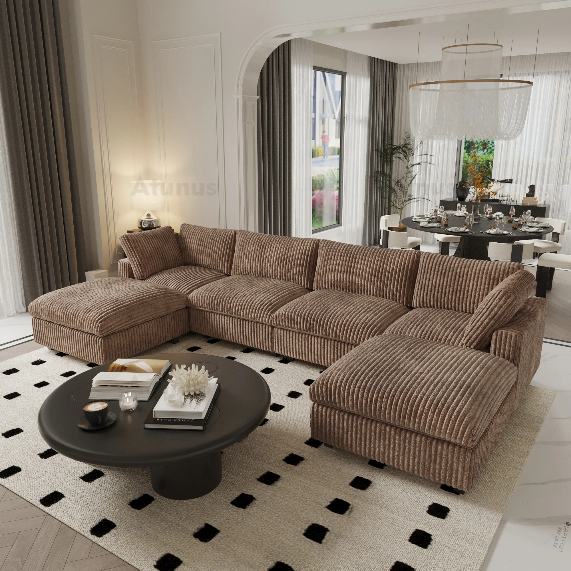 ATUNUS Italian Luxury Vintage Washable L Shaped Modular Sectional Sofa Brown Plush Corduroy Fabric Living Room Couch Set