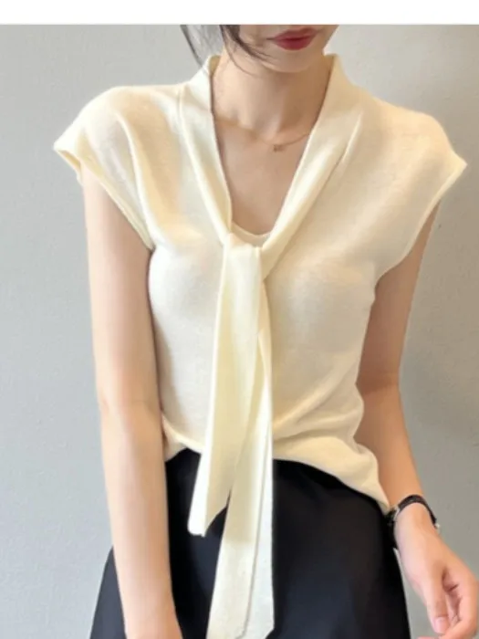 

Elegant V-neck Knitwear Women's Slimming Top with Shawl Sash Korean Style Short Sleeve Color Commute Fashion