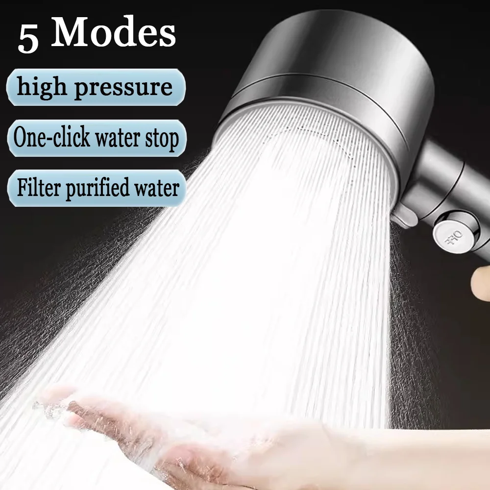 New Booster Filtered Shower Head 5 Modes Adjustable High Pressure Water Saving Shower One-Key Stop Bathroom Handheld Showerhead