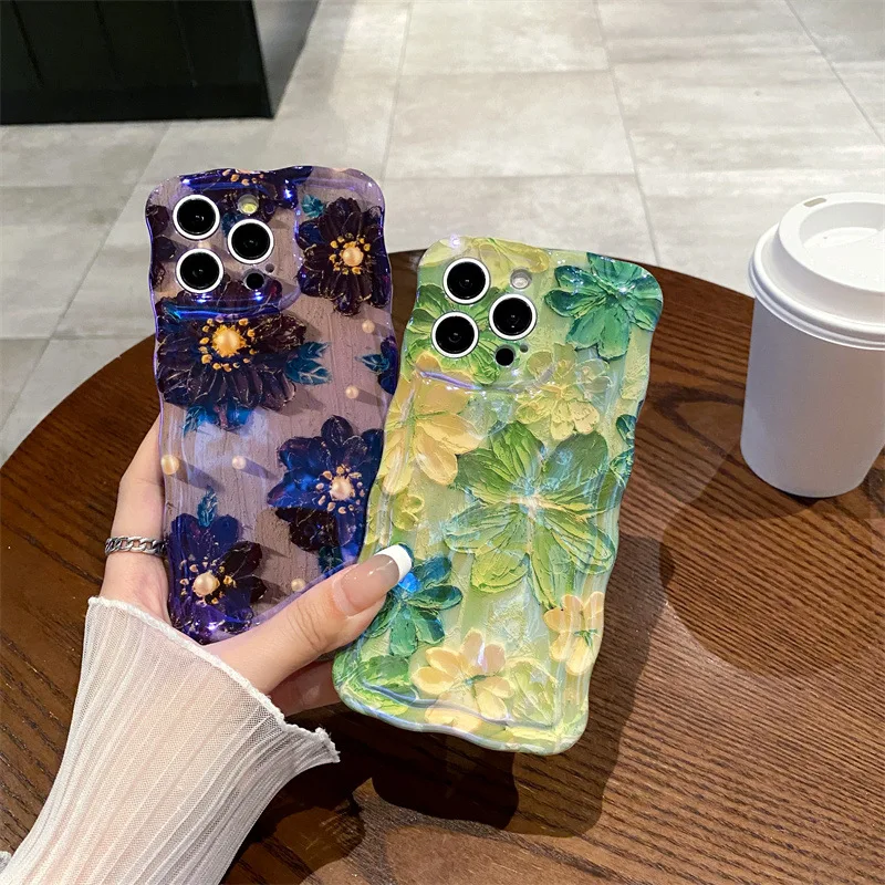 Luxuriöse blaue helle Ölgemälde-Blumen, gewellte Silikon-Handyhülle für iPhone 12, 13, 14, 15, 16, Pro Max Plus, stoßfeste Stoßstangenabdeckung