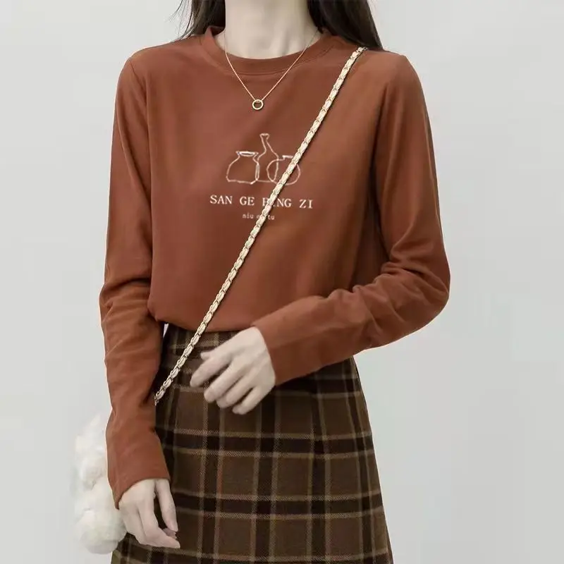Camiseta térmica de manga larga para mujer, estilo coreano, cuello redondo, Dralon cepillado, gruesa, para invierno, tallas S a 3XL