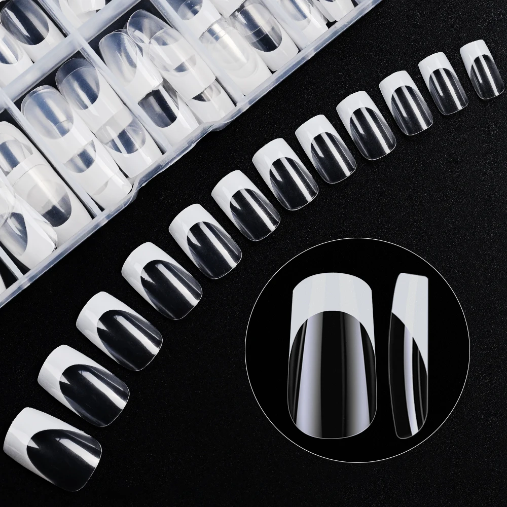 120個/箱 アクリル製クリアフレンチフェイクネイル 12サイズ ショートバレエプレスオンネイル ホワイトエッジデザイン フルカバー付け爪 TD