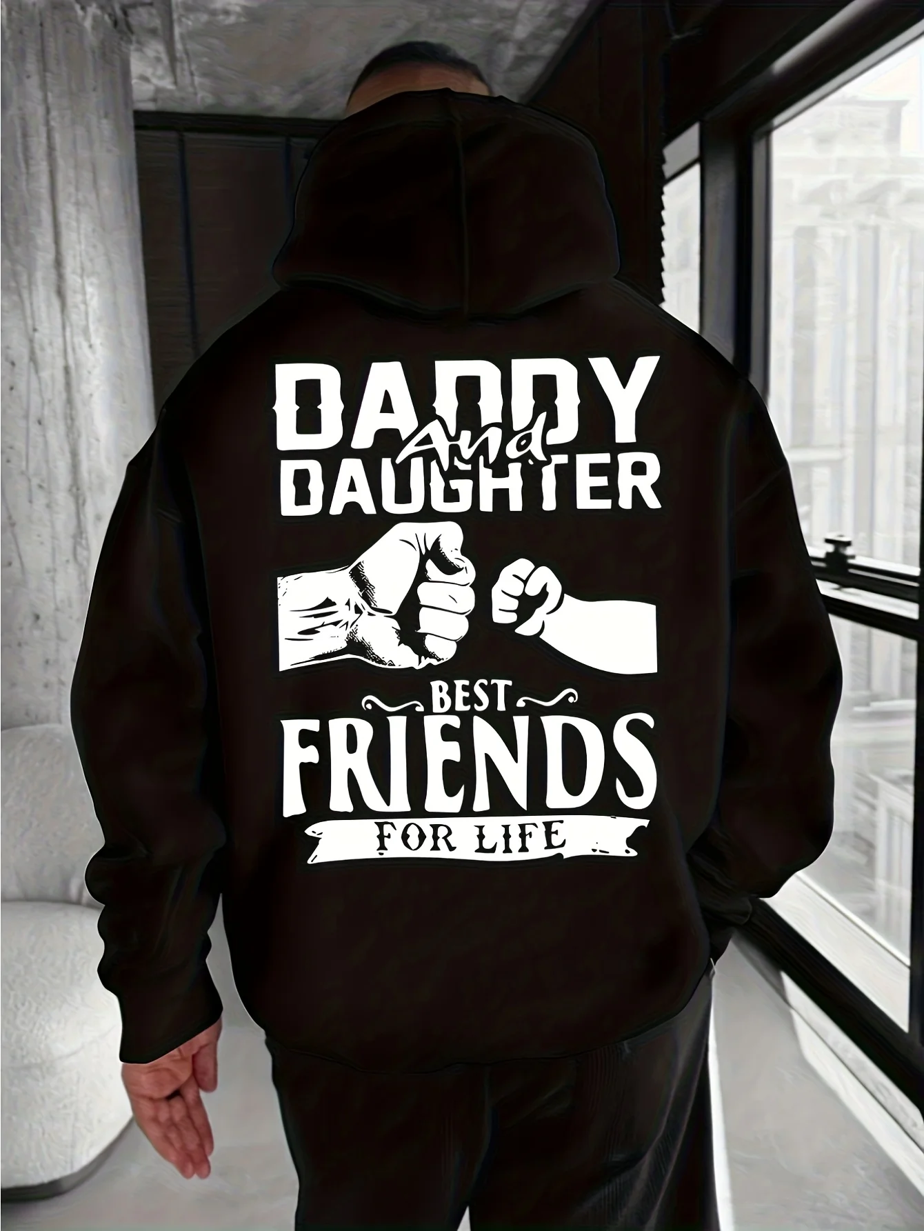Men's Fun Father-Daughter Style "Lifelong Friends" Printed Hoodie - Navy Blue and Black Fleece Pullover with Boxing Gesture Design, Kangaroo Pocket and Drawstring Hood, Soft and Lightweight Design, Suitable for Father-Daughter Matching Outfits
