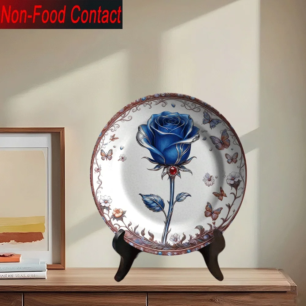 1pc Elegant Blue Rose & Ceramic Decorative Plate - Non-Food Contact Tabletop Ornament with Golden Accents, Floral Design, Round