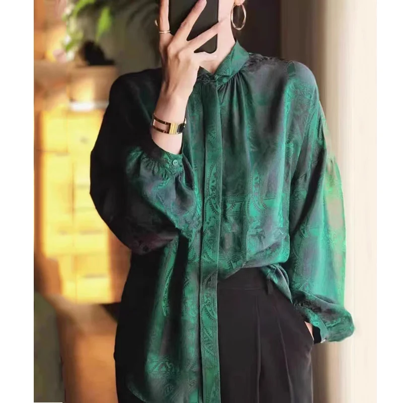 

High Quality Spring And Autumn New Chinese Style Standing Collar Vintage Silk Printed Shirt Long Sleeve Loose Lady Top S-XL