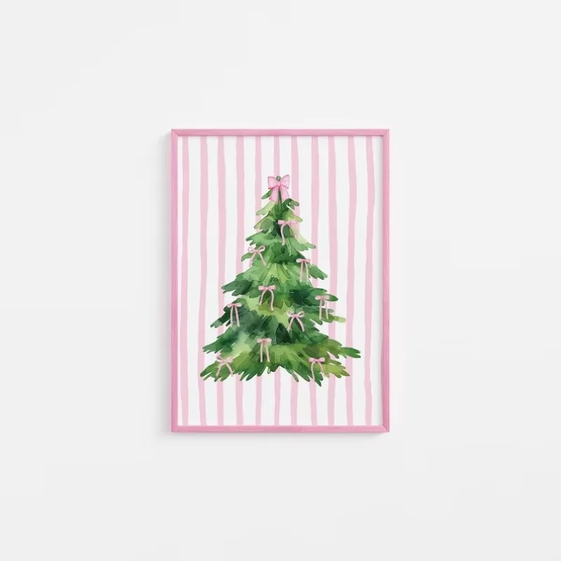 

Настенный декор «Кокетливая рождественская елка», модные розовые рождественские принты, девичий праздничный настенный декор, милые банты из лент на Рождество