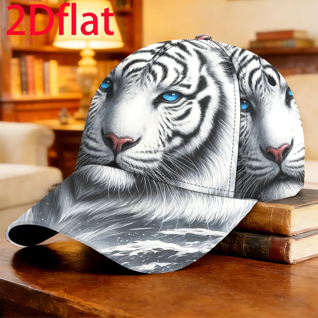 1pc 2D Flat White Tiger with Blue Eyes in Snowy Mountains Baseball Cap Fishing Trip Hip Hop Cap Sports Events Sophisticated