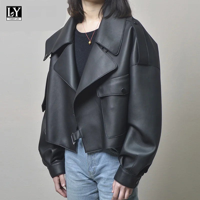 LY VAREY LIN 2022 Spring Women Biker Jacket Pu Leather Jacket Casual Outwear  Black Short Loose Soft Faux Leather Jacket Lady