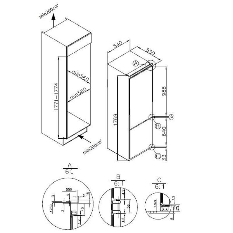 178cm Low Frost BRF-32BILEAA Built-in Refrigerator Frezzer Fully-Integrated Fridge Freezer