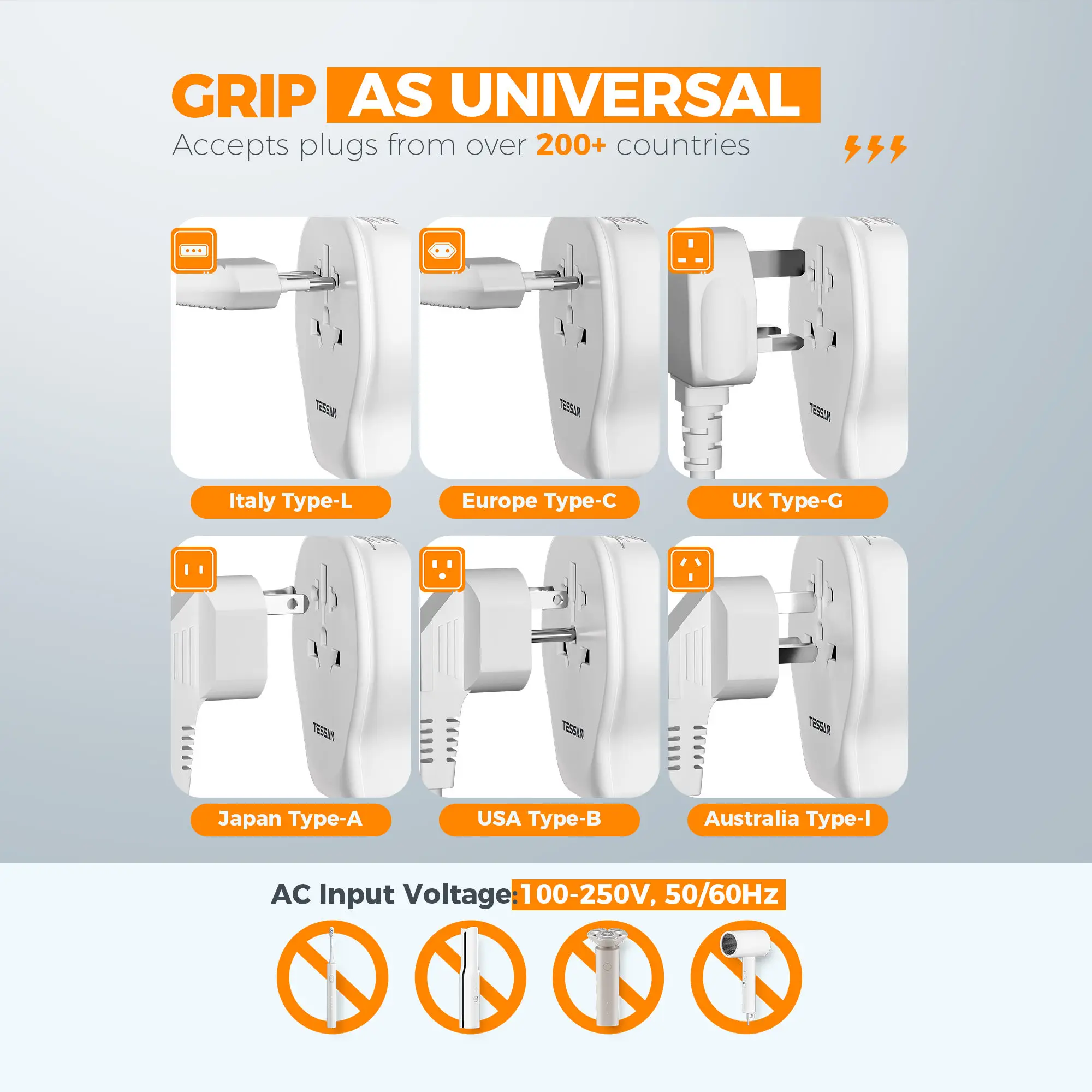 TESSAN adaptateur de voyage universel adaptateur de prise européen avec 1 prise ca 2 Type C 1 USB A prise murale multiple pour les voyages vers le royaume-uni et les états-unis