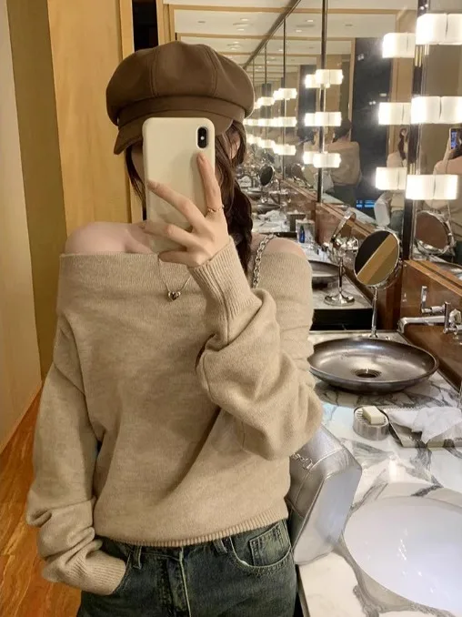 

Laid-ba Sle oulder-baring Knitwear Women's Loose All-match Elegance Overhead Knitted Top Commute Sle Loose Fit Long S...