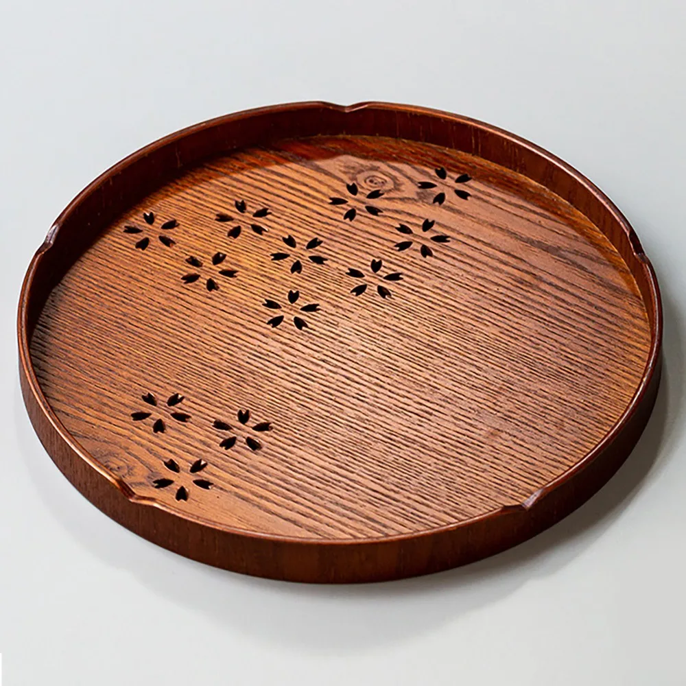 Round Shape Tea Serving Tray Cherry Blossom Pattern Wooden Material Cherry Blossom Tray Smooth Surface Cutout Design