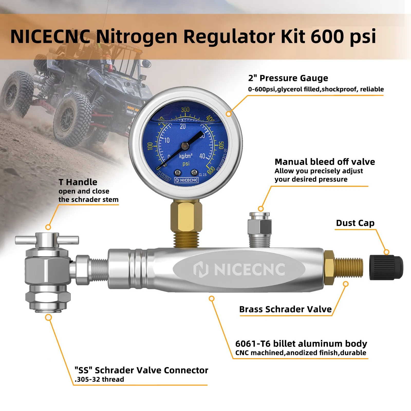 600PSI Nitrogen Gauge Filling Tool Schrader Valve Shock No Loss For ATV UTV Yamaha Raptor YZF RZR KTM Honda Kawasaki Suzuki BMW