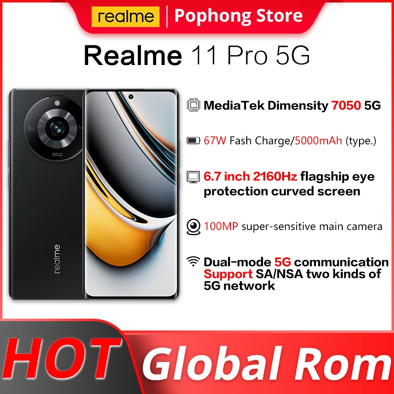 Global Rom Realme 11 Pro 5G 6.7 inch OLED Curved Screen Dimensity 7050 Ocat Core 67W SmartFlash charge 5000mAh Android 13