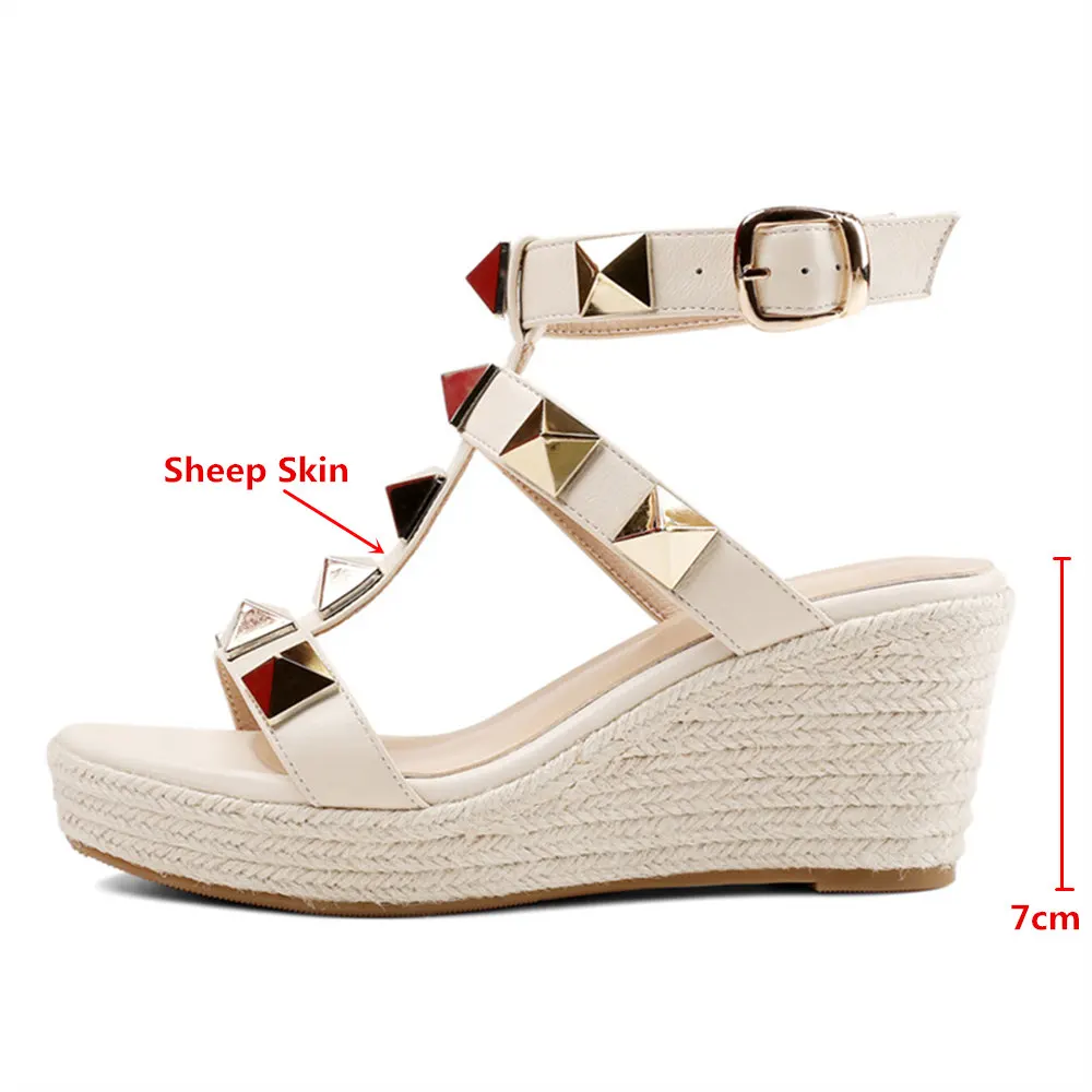 MILI-MIYA Classic Fashion Women Sheep Skin Rivet Wedges Sandals Round Toe Ankle Wrap Buckle Strap Solid Color Summer Shoes