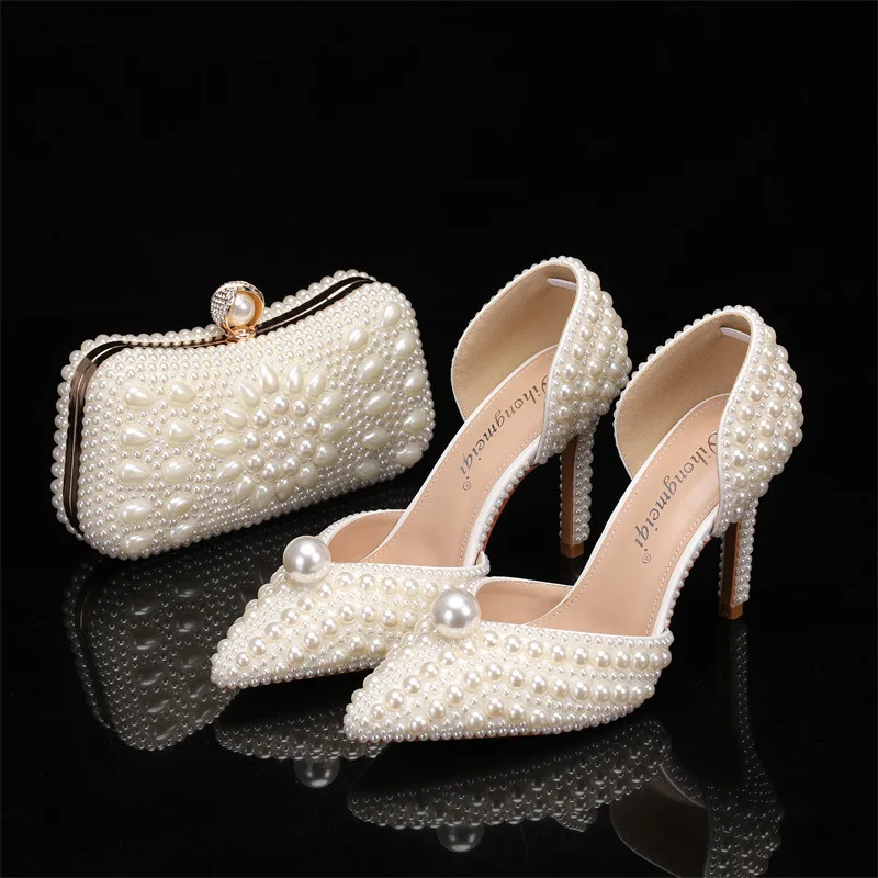 Bag and Shoe Set for Women Pearl Wedding Shoes Women White Beige High Heel Shoes Elegant Luxury Designer Party Shoes 2025