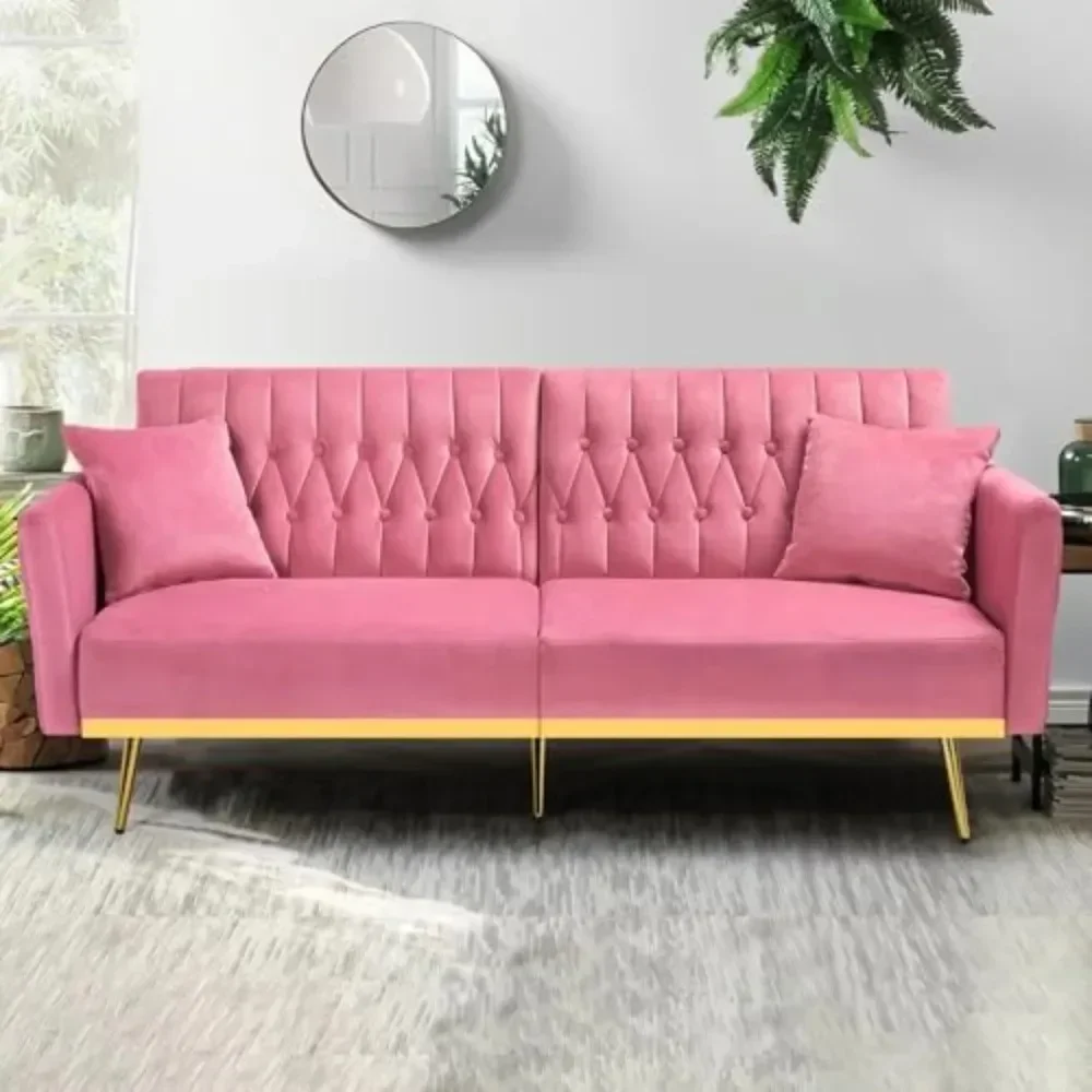 HOT 70” Velvet Futon Sofa Bed w/Adjustable Armrests, Pink | Convertible Sleeper Bed w/Adjustable Backrests, Modern Loveseat