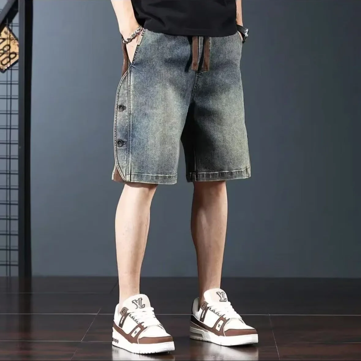 Retro Denim Shorts For Men Summer Loose-fit Workwear Knee-length Straight Jeans Shorts