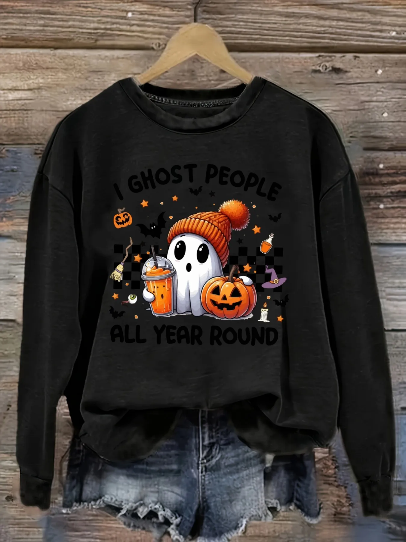 Women's Casual Long Sleeve Crew Neck T-Shirt I Ghost People All Year Round Design, Round Neck Women's Clothing, Machine Washable, Slightly Elastic, Loose Fit, Spring Autumn Winter Women's T-Shirt, Halloween Costume Outfit