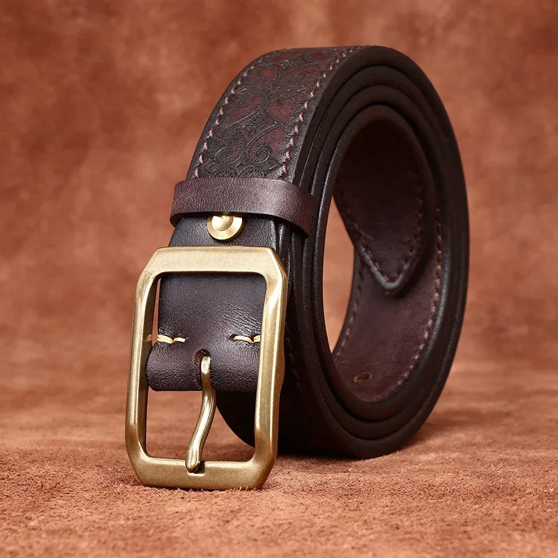 3.8CM Thickened Italian Pure Cowhide High Quality Genuine Leather Belts for Men Carving Strap Male Brass Buckle Jeans Cowboy