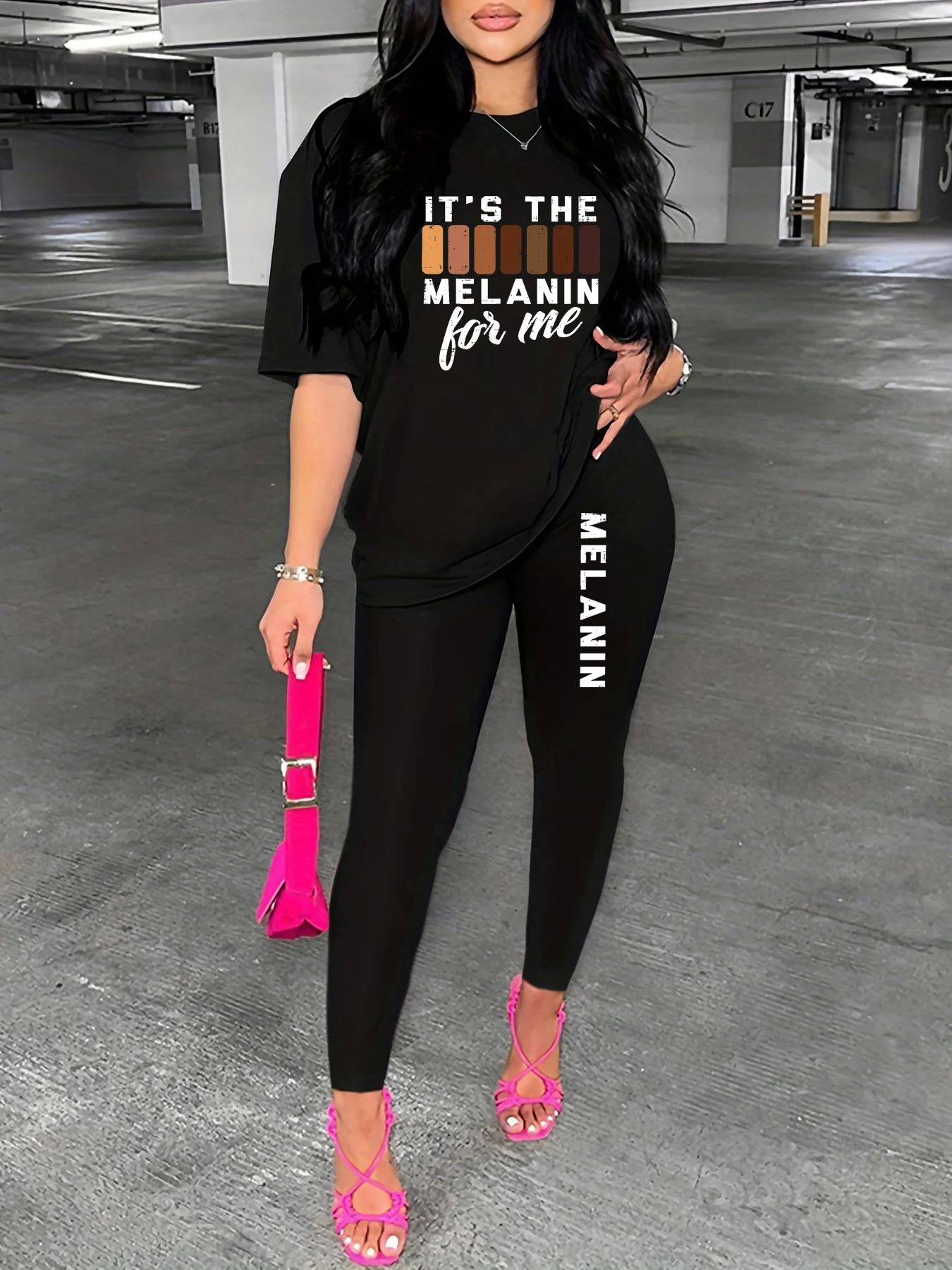 Women\'s MELANIN printed round neck T-shirt tight pants two-piece set Sportswear T-Shirts and Shorts Ladies Casual O-Neck Pullov