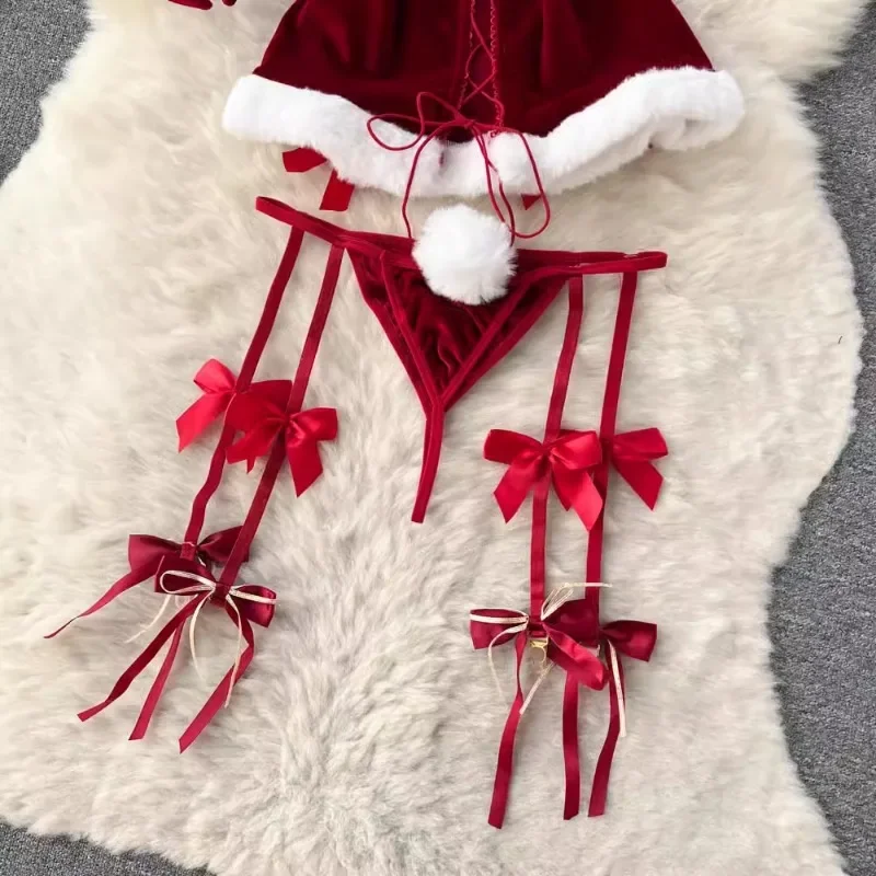 Sweet Red Bunny Lingerie Underwear Set Women Sexy Soft Plush Cute Bowknot Sweet Nightgowns Christmas Rabbit Cosplay Costumes New image 5