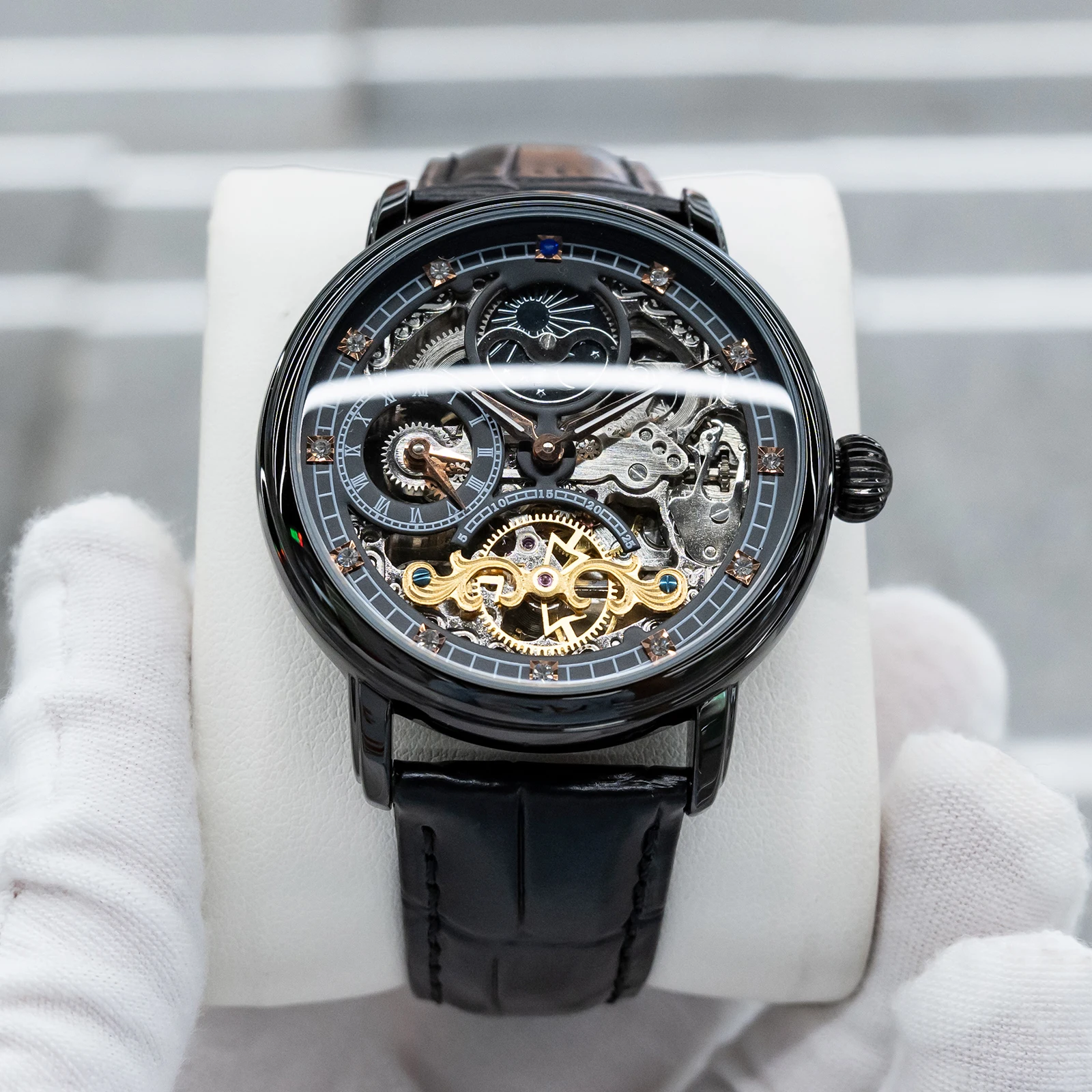 

OBLVLO мужские черные PVD звездное небо скелетон механические часы Moonphase черный кожаный ремешок автоматические классические часы YM-MUT