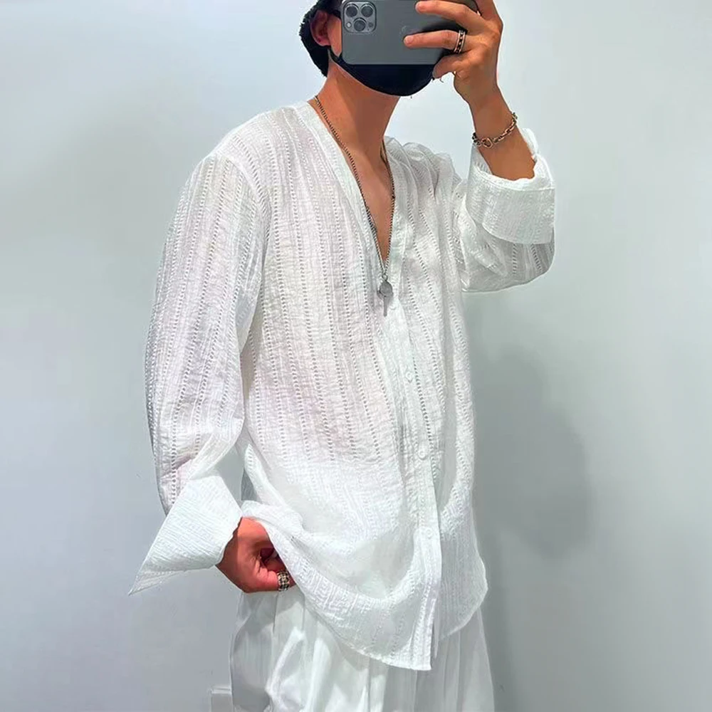 

Mens Sexy See-Through Casual Shirt 2024 New Genderless Personalized Solid Color V-Neck Loose Thin Simple Long-Sleeved Top Unisex