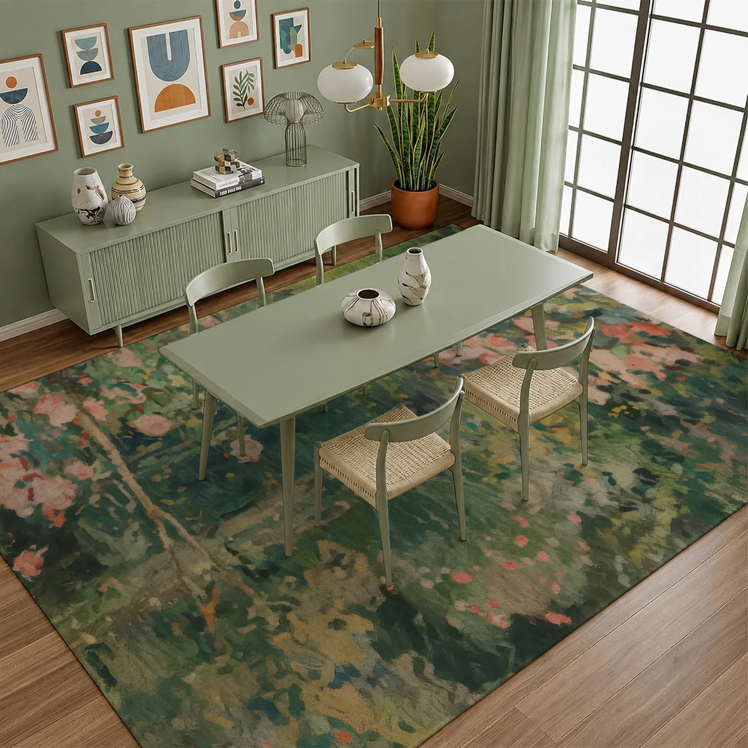 Large Indoor Area Rug, Soft Velvet Low Pile with Non-slip Dotted Backing, Machine Washable, Impressionist Muted Garden Floral Pattern in Soft Pink and Teal Green, Ideal for Living Room, Bedroom, Cozy Home Decor
