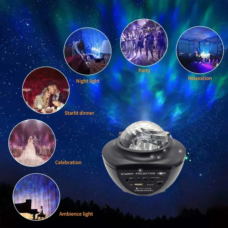 Proyektor Riak Air LED Lampu Langit Utara USB Speaker Musik Bluetooth Remote Control Putar Otomatis untuk Kamar Tidur Pesta KTV