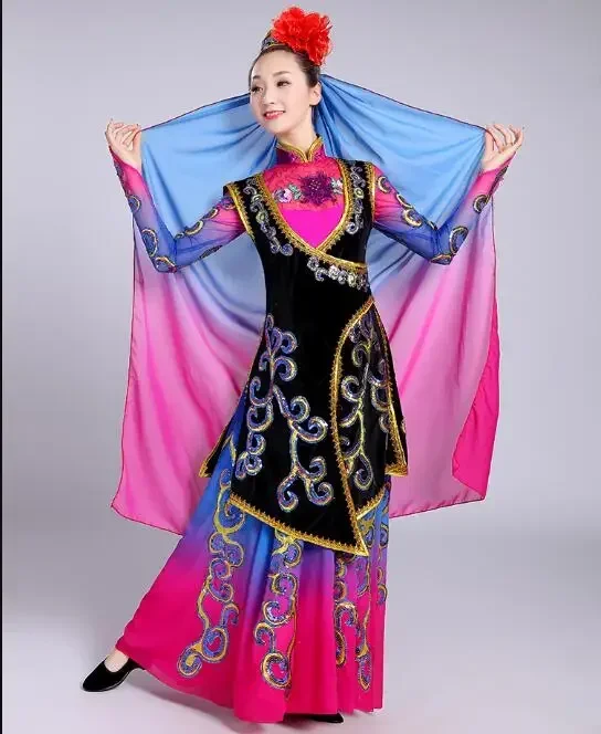 Chinese Folk Dance Uighur Traditional Xinjiang Women Dance Dress Stage Sequins Folk Include Hat