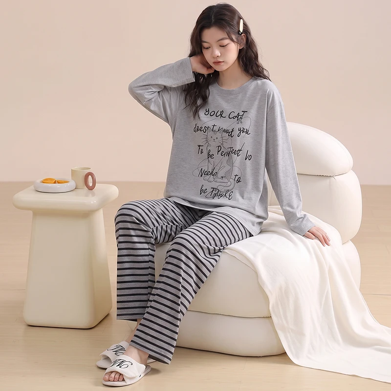 High Quality Women Pajamas Set Female 100% Cotton Long Sleeve Pijamas With Chest Pad