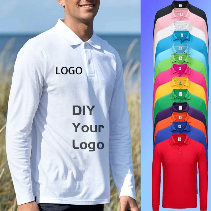 Design Logo Men\'s Polo Shirt Solid Color Long Sleeve Lapel Golf Shirt Casual Fashion Advertising Cultural Shirt Print Text/Brand