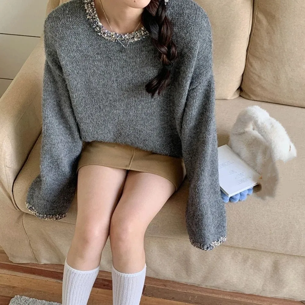 

Loose Long Sleeved Knitwear Bottoming Shirt Pullover Shiny Thread Sweater Top Spring Autumn Winter Knitted Top for Women Female