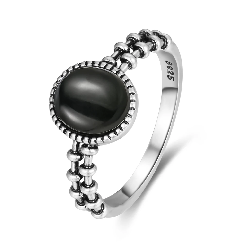 Nouveau S925 bague en argent Sterling naturel noir Onyx Vintage Unique fête Couple cadeau bague pour femme