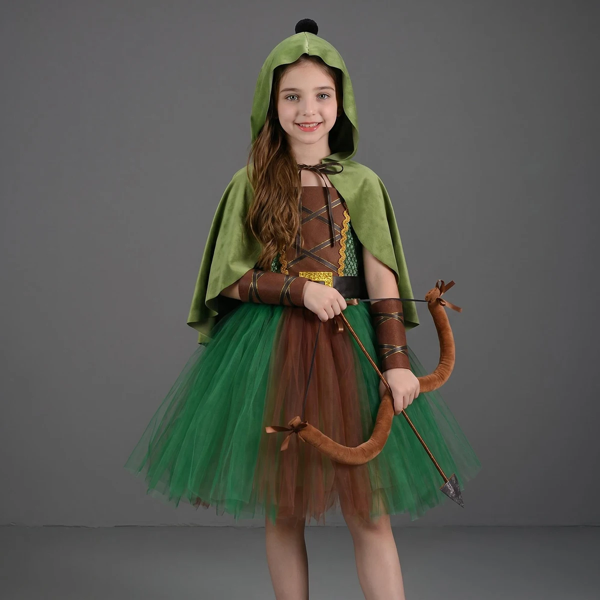 Archer Costume Girls Huntress Tutu Dress Miss Robin Medieval Hunter Outfit with Cape Fantasy Halloween Purim Cosplay Ball Gown