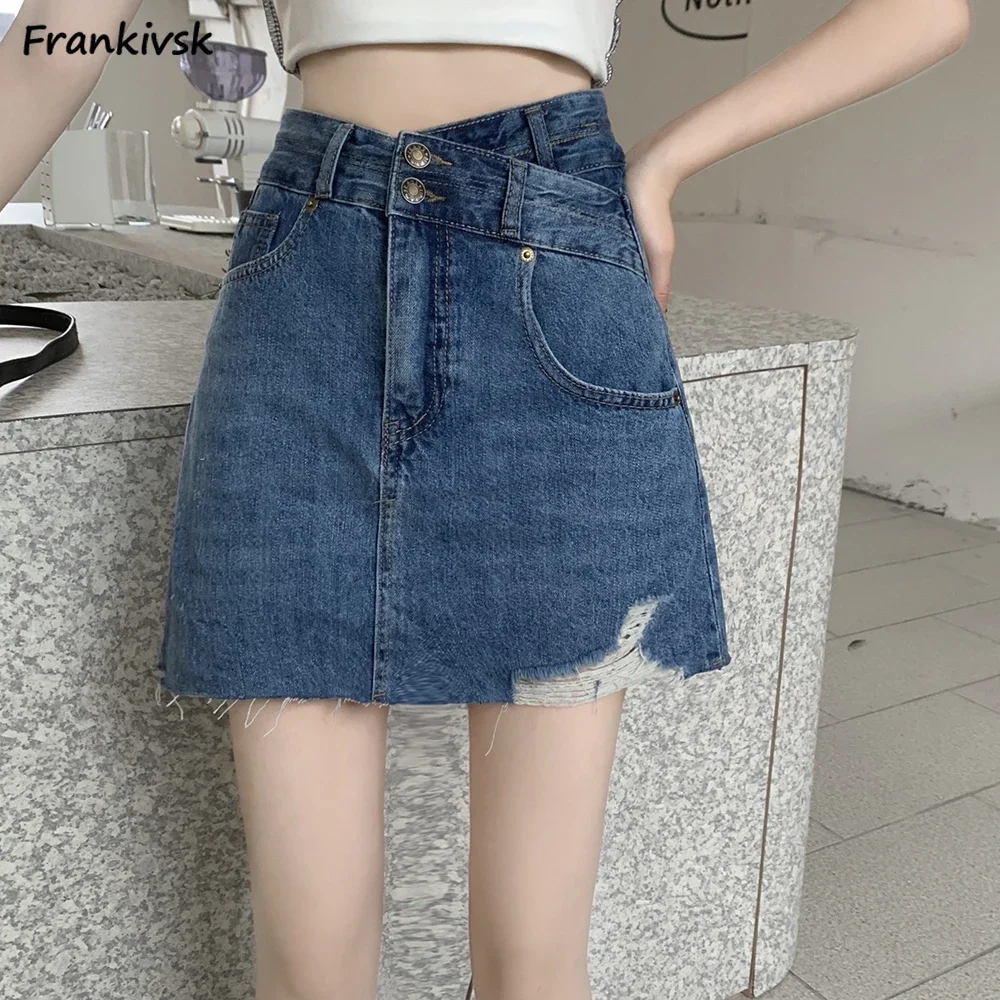 Frayed Skirts Women Denim Asymmetrical Washed Solid Slim Above Knee Elegant High Waist Spring Harajuku European Style Retro Chic