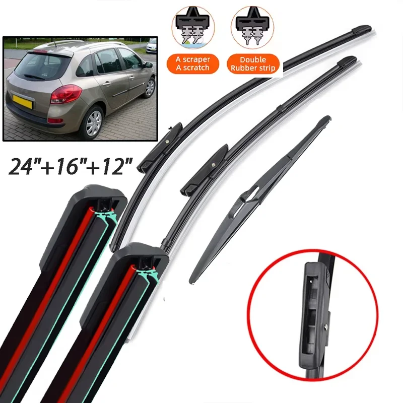 

3 Pcs Front Rear Windshield Wiper Blades For Renault Clio 3 Grandtour Estate Wagon 2012 2011 2010 2009 2008 24"16"12"