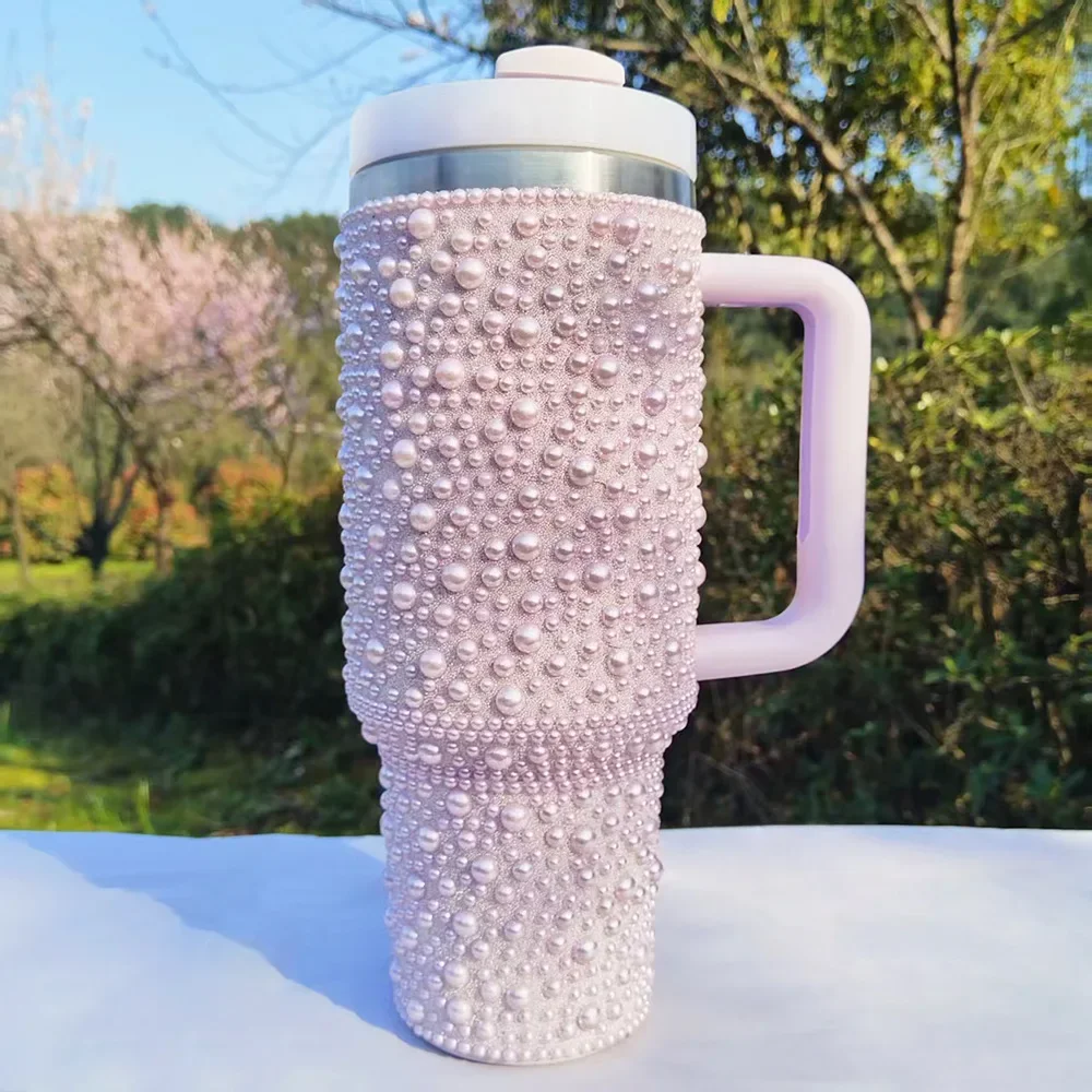 Pearls Bling 40oz Tumbler with Handle and Straw Stainless Steel Insulated Cup Keeps Cold Hot Reusable Insulated Coffee Tumblers