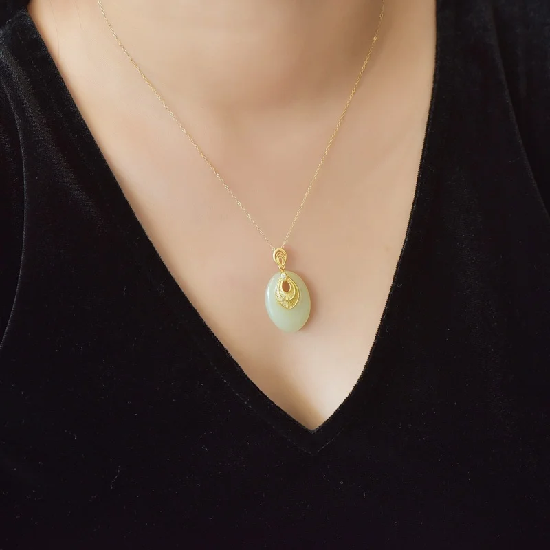 SGARIT Authentic Jadeite Hetian Jade S925 Silver Inlay 18*34mm Oval Hollow-out Pendant Exquisite Elegant Fine Carving Necklace