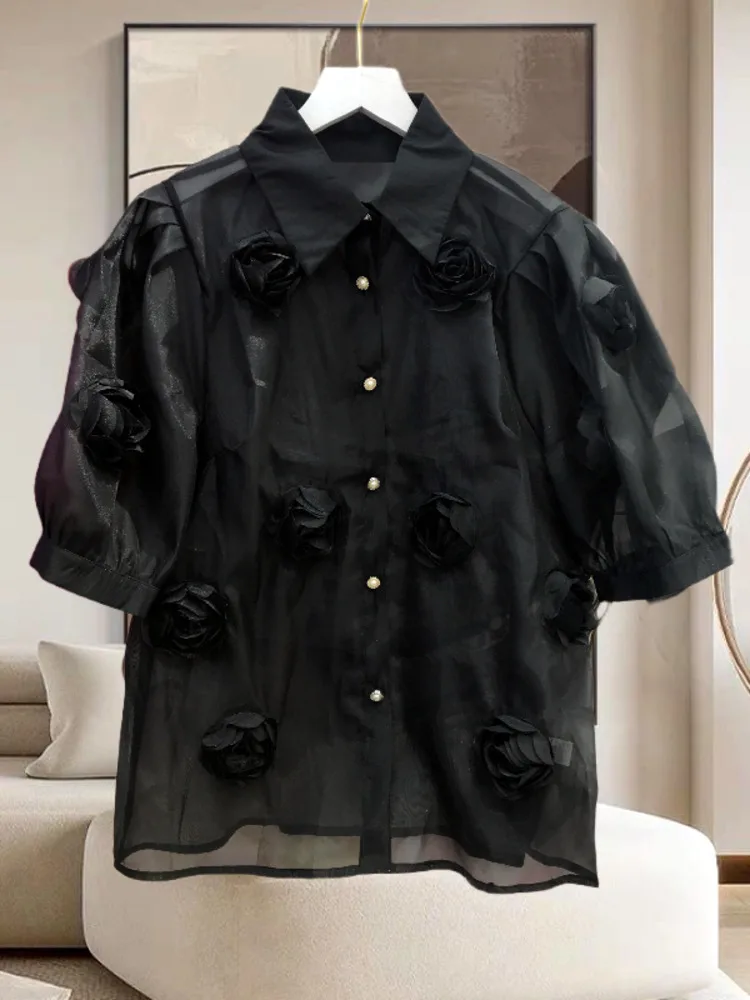 GVUW 3D Flowers Fashion Shirt Women Lapel Short Puff Sleeve Single Breasted Solid Color New 2024 Solid Color Summer 17G5828