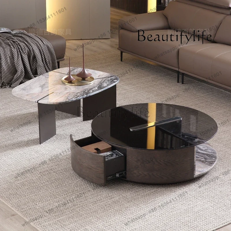 

Round marble Venice brown coffee table with drawers Home living room Designer coffee table can be customized