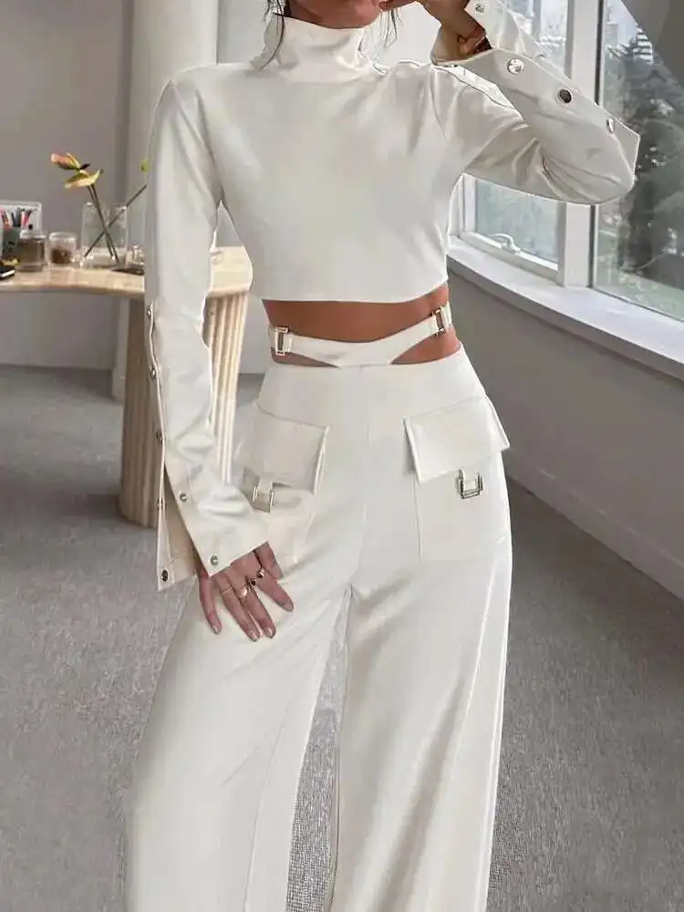 Tweedelige set met gekruiste kleuren en lange mouwen met hoge kraag ​   Effen damesbroek met wijde pijpen, kantoorkleding