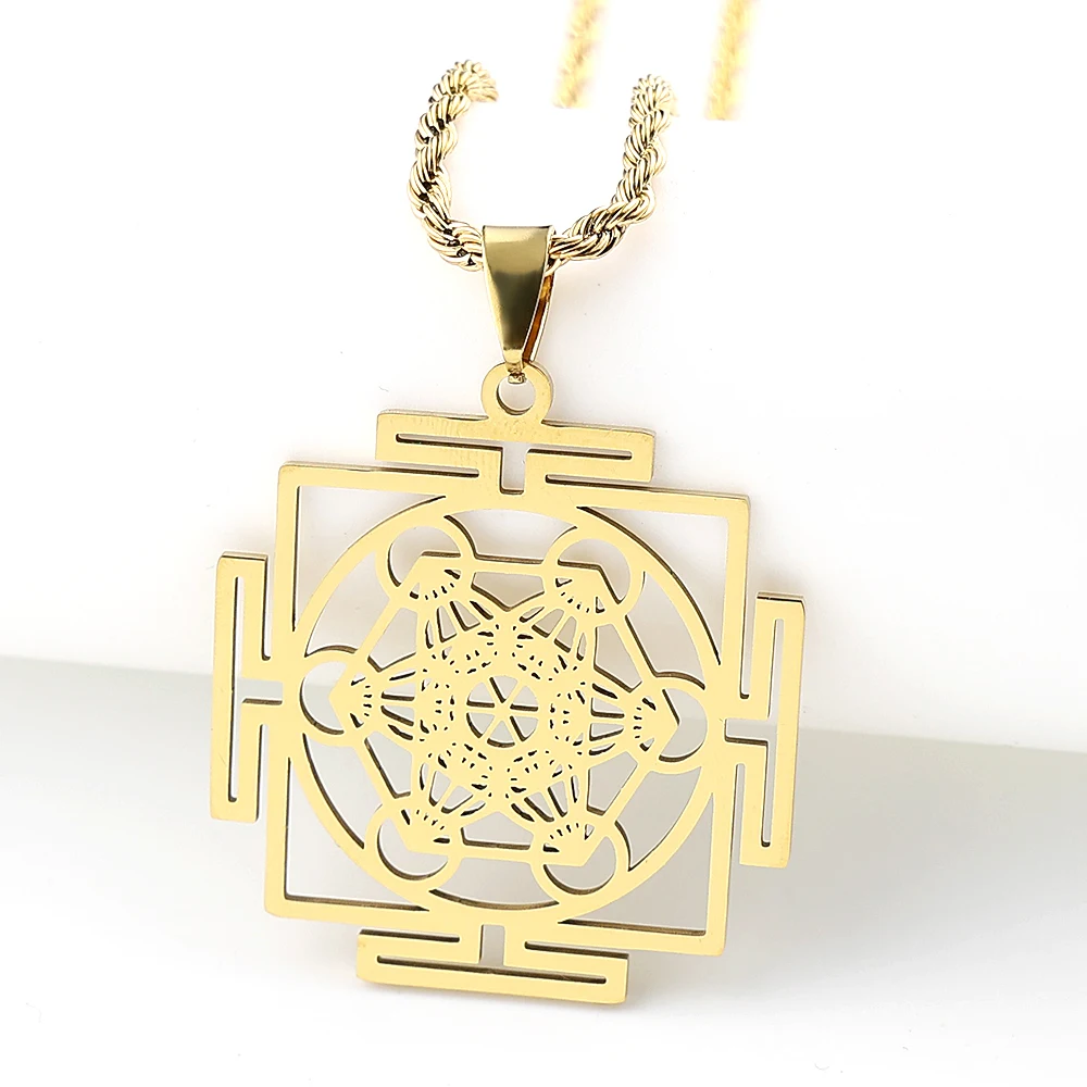 Yoga Chakra Sri Yantra Mandala Pendant Necklace for Women Men Stainless Steel Sacred Geometry Metatron Cube Solomon Jewelry