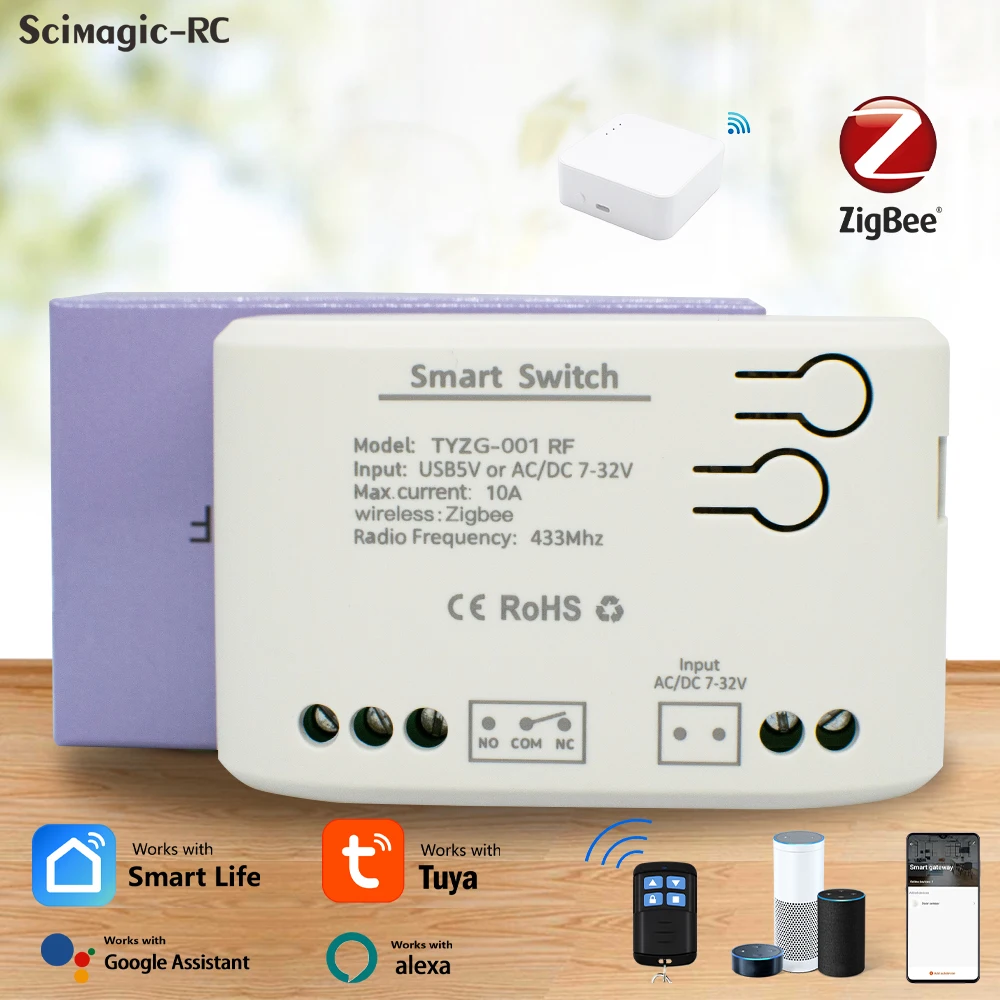 Interruptor zigbee 3.0 usando tuya wifi e relé de controle rf 433mhz ac/dc 7-32v 85-250v funciona com alexa google home controle de voz