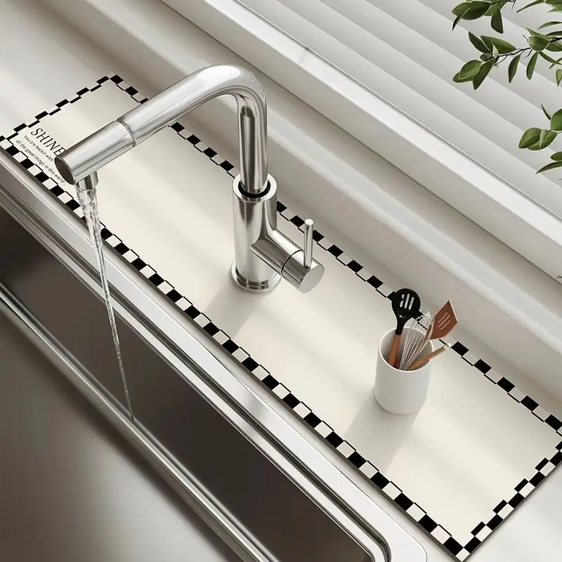 VIKAMA Black White Checkered Faucet Mat Super Absorbent Kitchen Sink Draining Pad Non Slip Countertop Splash Guard