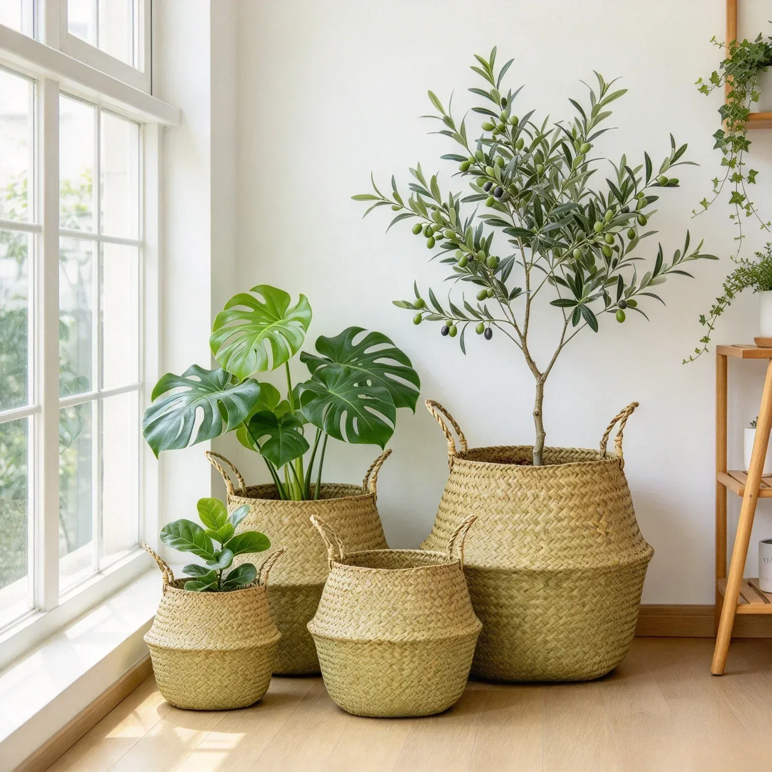 Seagrass Plant Pot Basket with Handles Woven Flower Cover Organizer for Indoor Plants Balcony Living Room Cafe Restaurant Decor