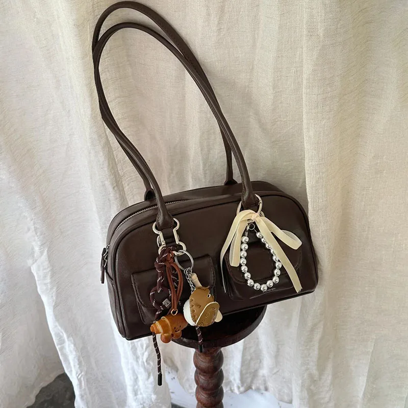 

New Large Capacity Brown Bowling Handbag Women's Shoulder Bag Retro Korean INS Style Autumn Winter Fashion Trend Bag